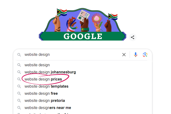 This screenshot shows "website design prices" among suggested keywords related to web design in South Africa
