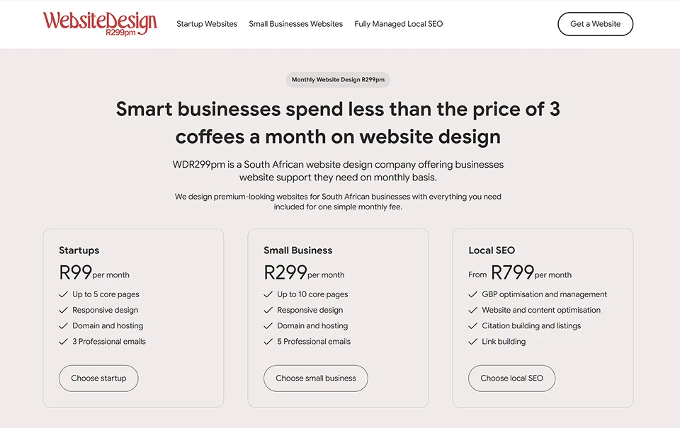 WDR299pm (Website Design R299pm) is a Johannesburg website designer offering subscription website design. Packages start at R99 per month and include domain registration, hosting and ongoing support.